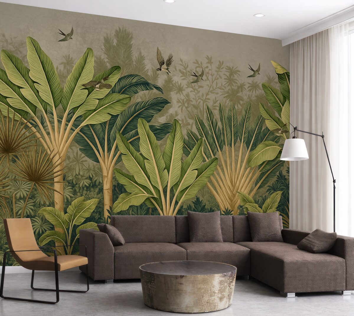 Fototapeta Tropikalna dżungla z ogromnymi liśćmi, palmami oraz barwnymi liśćmi na wyróżniającym się tle.