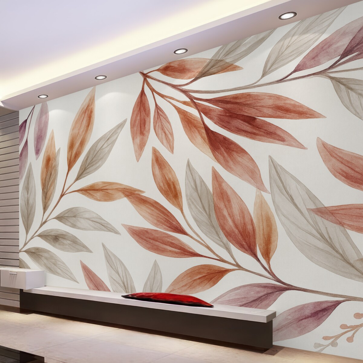 Fototapeta Subtelne pastelowe liście o różowej i szarej strukturze, komponujące spokojną oraz minimalistyczną aranżację botaniczną.