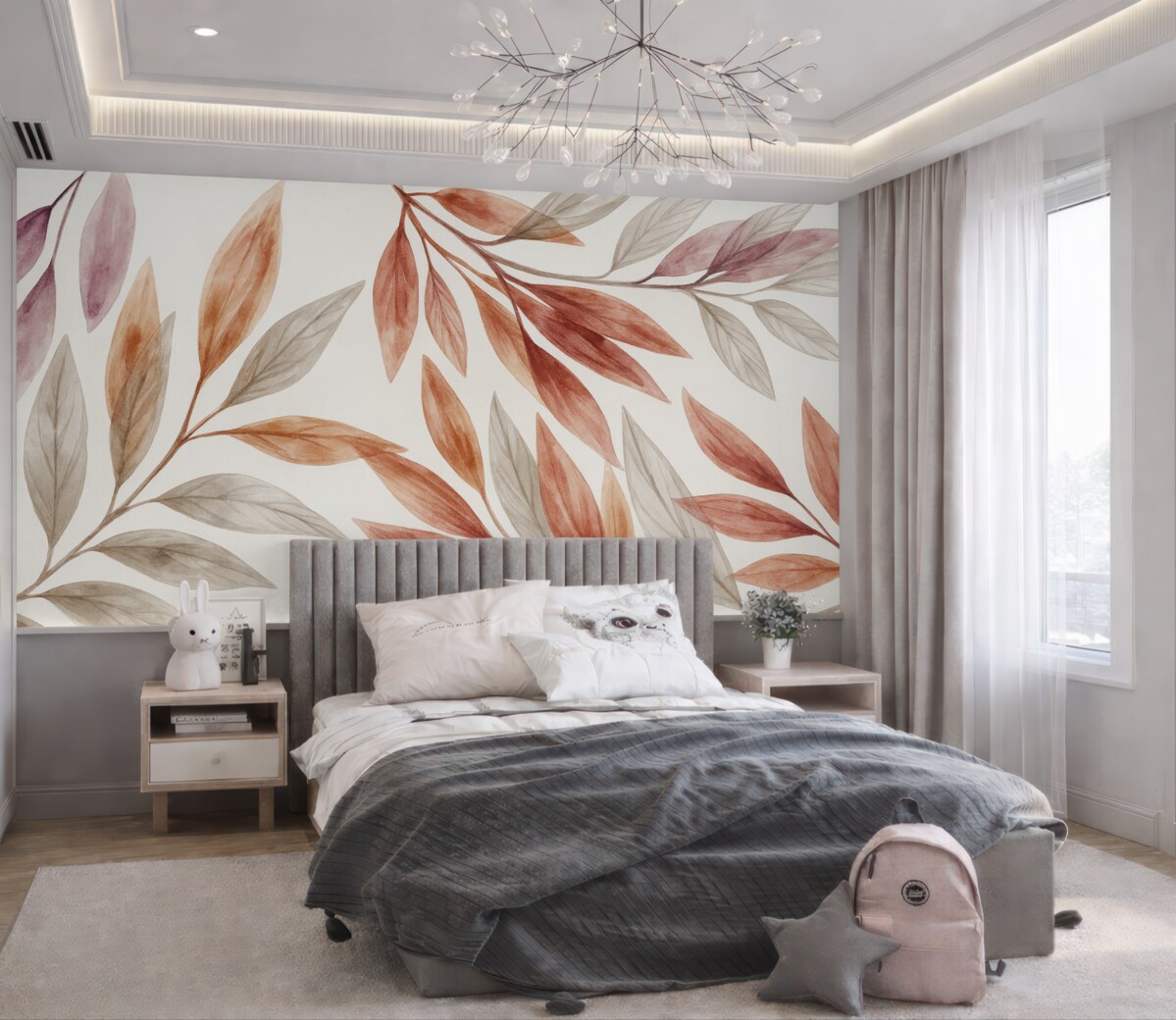 Fototapeta Subtelne pastelowe liście o różowej i szarej strukturze, komponujące spokojną oraz minimalistyczną aranżację botaniczną.