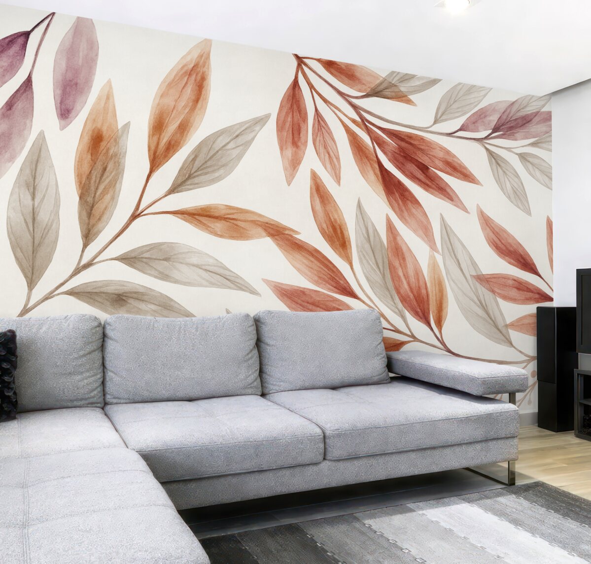 Fototapeta Subtelne pastelowe liście o różowej i szarej strukturze, komponujące spokojną oraz minimalistyczną aranżację botaniczną.
