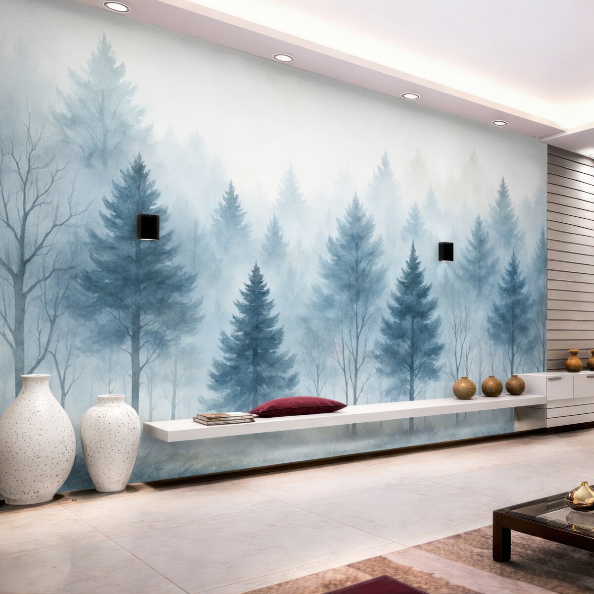 Fototapeta Zamglony leśny widok z wysokimi sosnami oraz nagimi drzewami liściastymi na pierwszym planie.