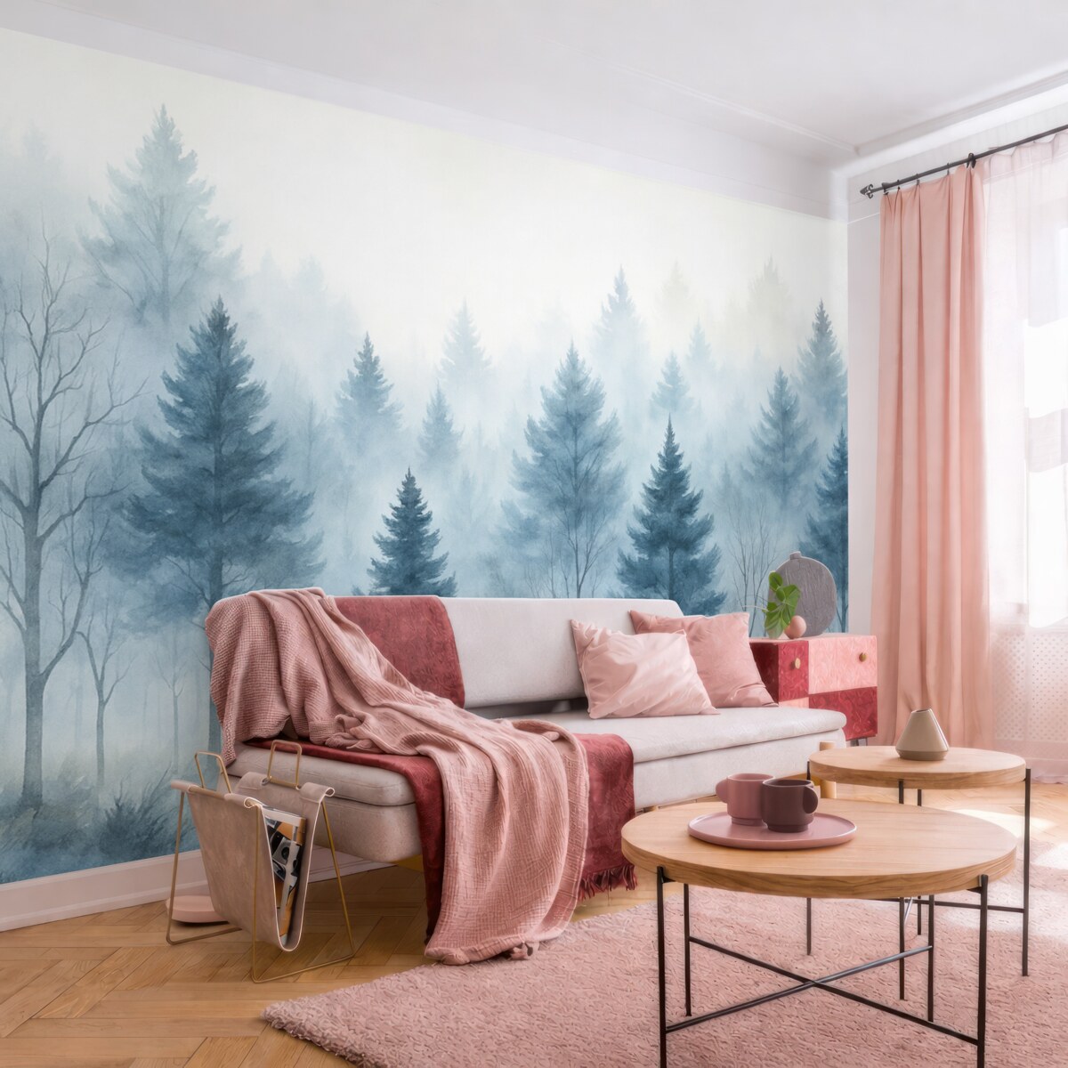 Fototapeta Zamglony leśny widok z wysokimi sosnami oraz nagimi drzewami liściastymi na pierwszym planie.