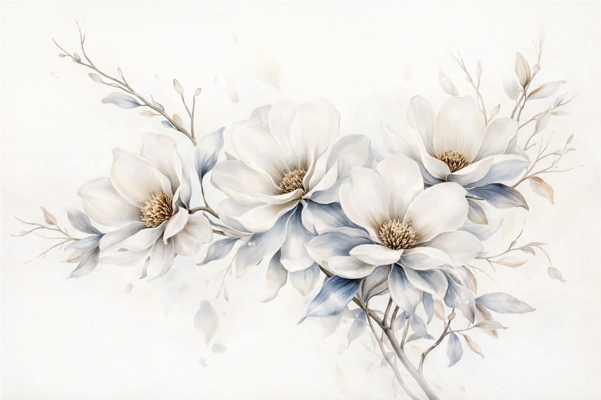 Fototapeta Subtelne białe kwiaty magnolii z delikatnymi niebieskimi płatkami na jasnym tle przypominają akwarelę w stylu minimalizmu.