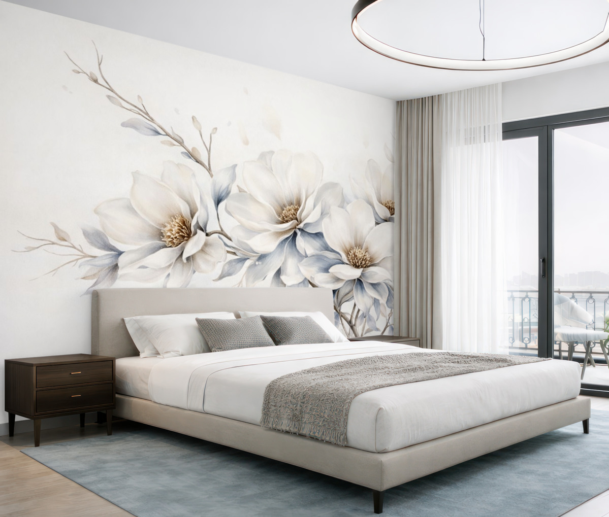 Fototapeta Subtelne białe kwiaty magnolii z delikatnymi niebieskimi płatkami na jasnym tle przypominają akwarelę w stylu minimalizmu.