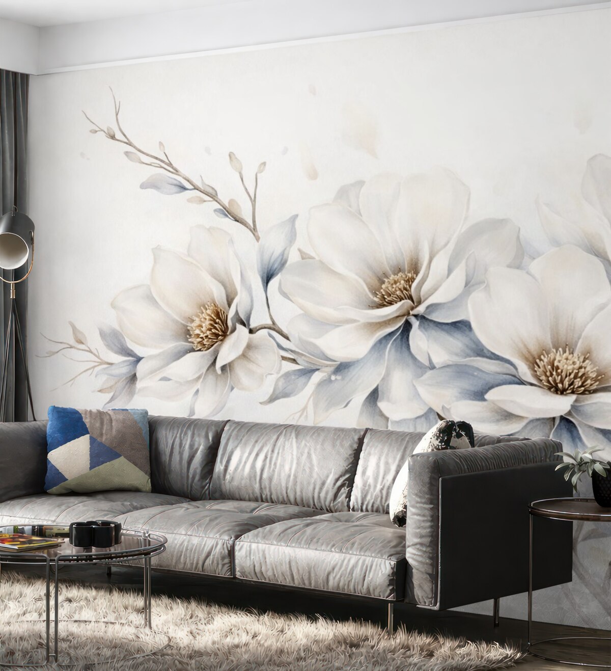 Fototapeta Subtelne białe kwiaty magnolii z delikatnymi niebieskimi płatkami na jasnym tle przypominają akwarelę w stylu minimalizmu.