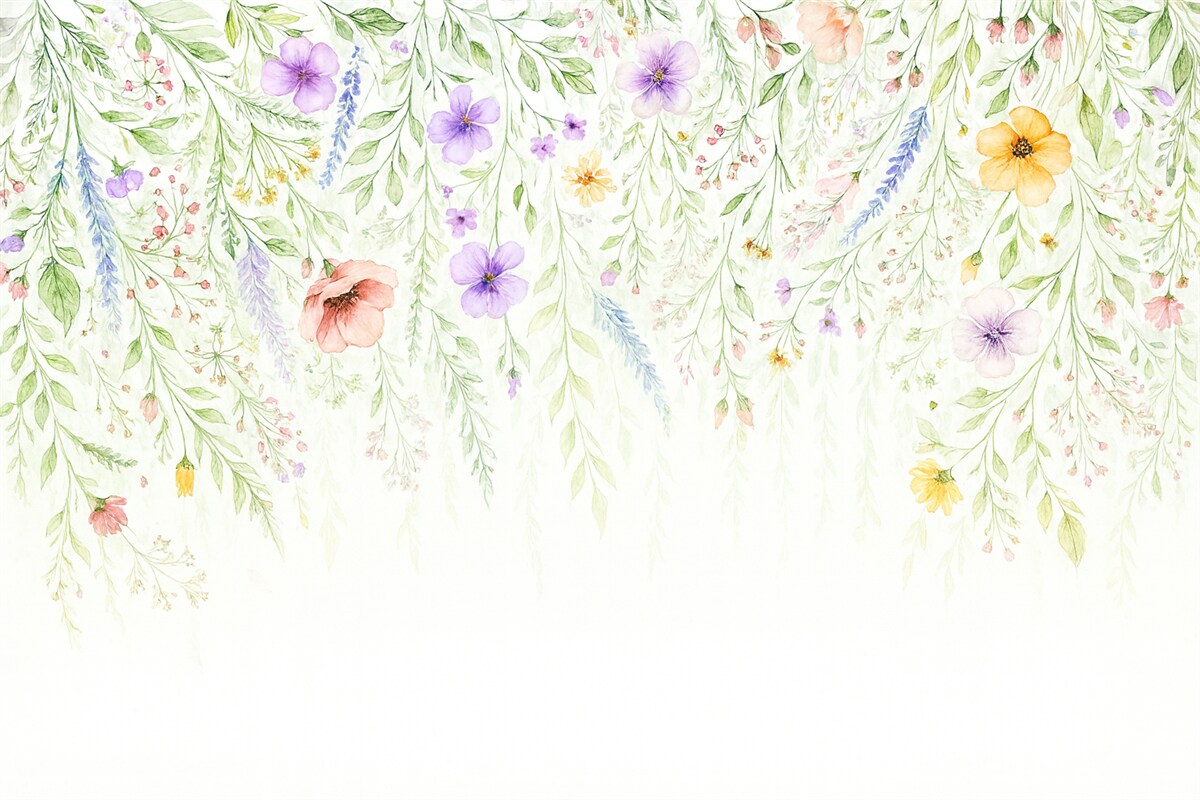 Fototapeta Kolorowy nadruk kaskadowy z różnorodnymi kwiatami, liśćmi i roślinami w technice akwarelowej.