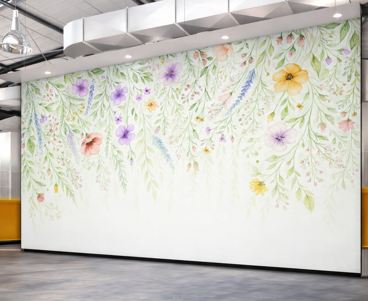 Fototapeta Kolorowy nadruk kaskadowy z różnorodnymi kwiatami, liśćmi i roślinami w technice akwarelowej.