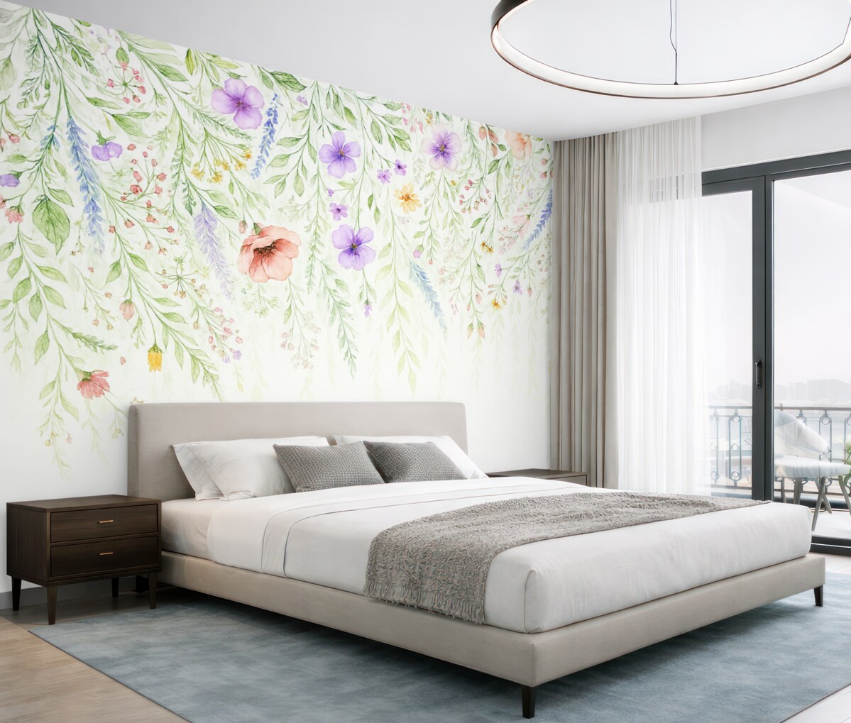 Fototapeta Kolorowy nadruk kaskadowy z różnorodnymi kwiatami, liśćmi i roślinami w technice akwarelowej.