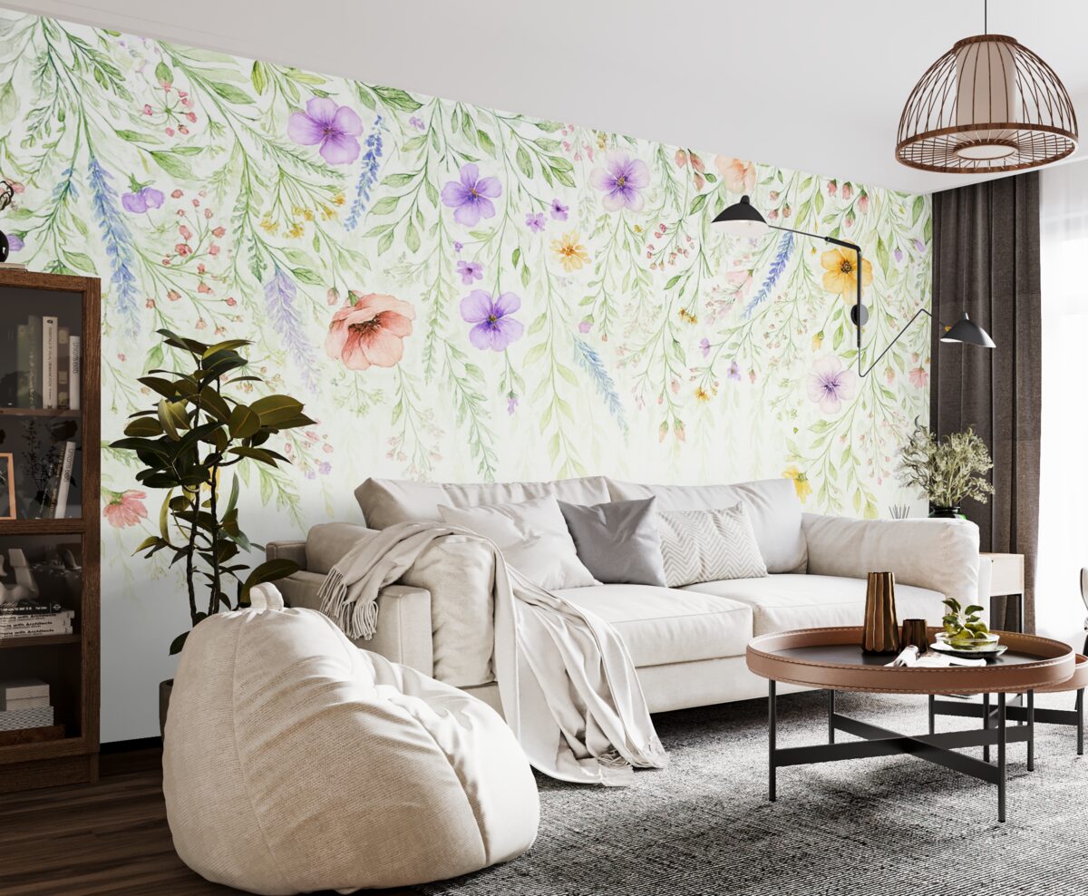 Fototapeta Kolorowy nadruk kaskadowy z różnorodnymi kwiatami, liśćmi i roślinami w technice akwarelowej.