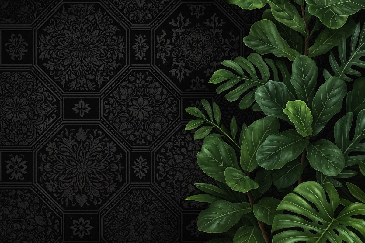 Fototapeta Ciemny, dekoracyjny, pęknięty abstrakcyjny motyw na czarnym tle, w kontraście z bogatymi zielonymi tropikalnymi liśćmi.