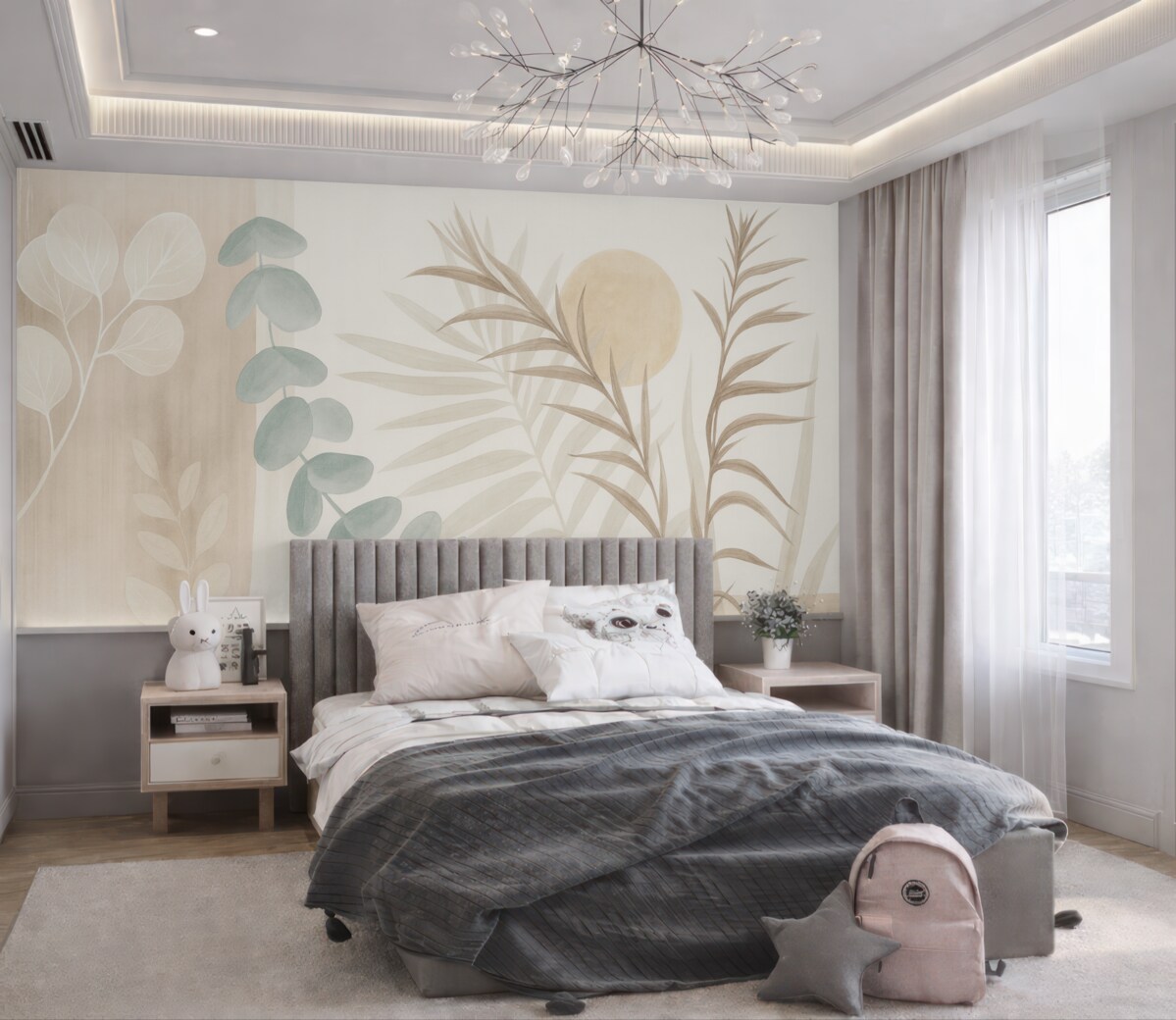 Fototapeta Minimalistyczny abstrakcyjny wzór z stylizowanymi liśćmi oraz eukaliptusem o delikatnych, beżowych organicznych formach w subtelnych pastelowych odcieniach.