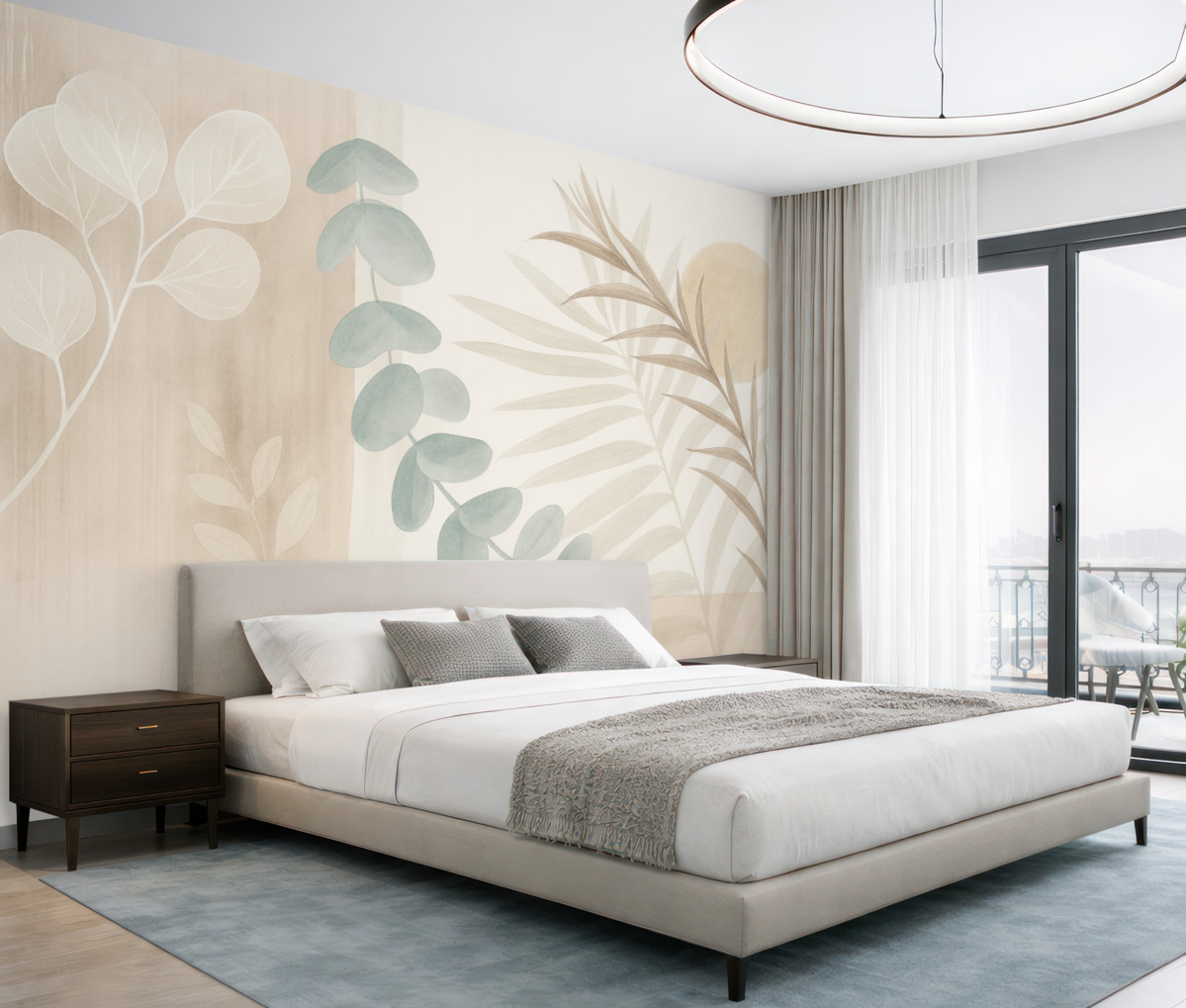 Fototapeta Minimalistyczny abstrakcyjny wzór z stylizowanymi liśćmi oraz eukaliptusem o delikatnych, beżowych organicznych formach w subtelnych pastelowych odcieniach.