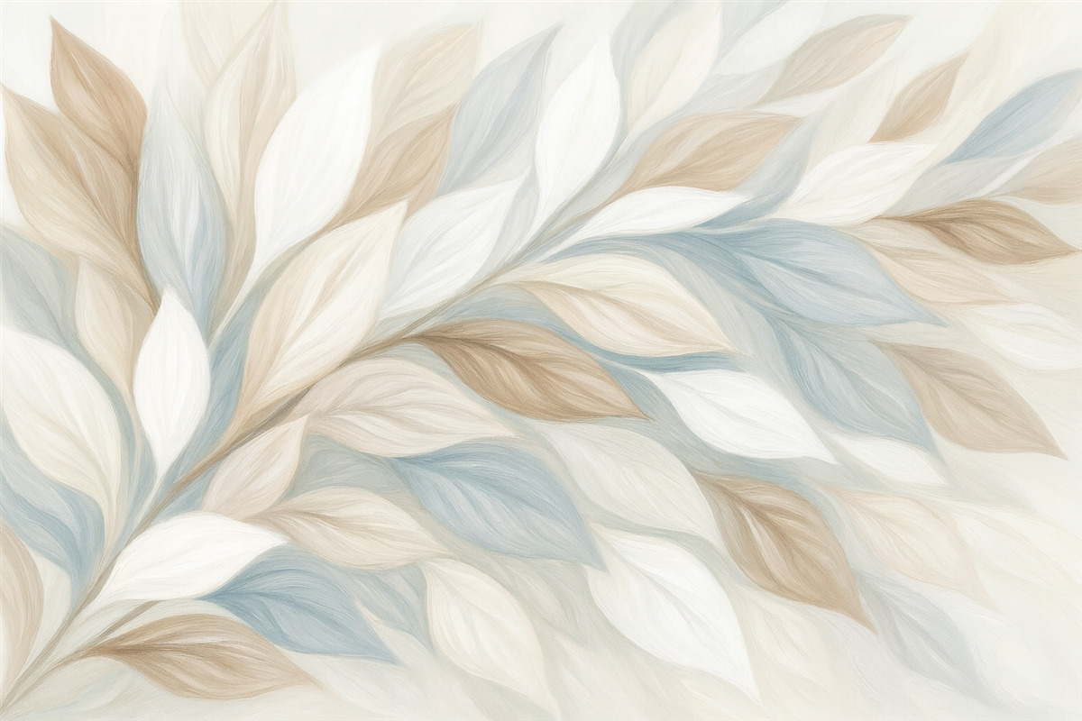 Fototapeta Miękkie, pastelowe liście w tonacjach bieli, beżu i jasnego błękitu tworzą subtelną i eteryczną kompozycję.