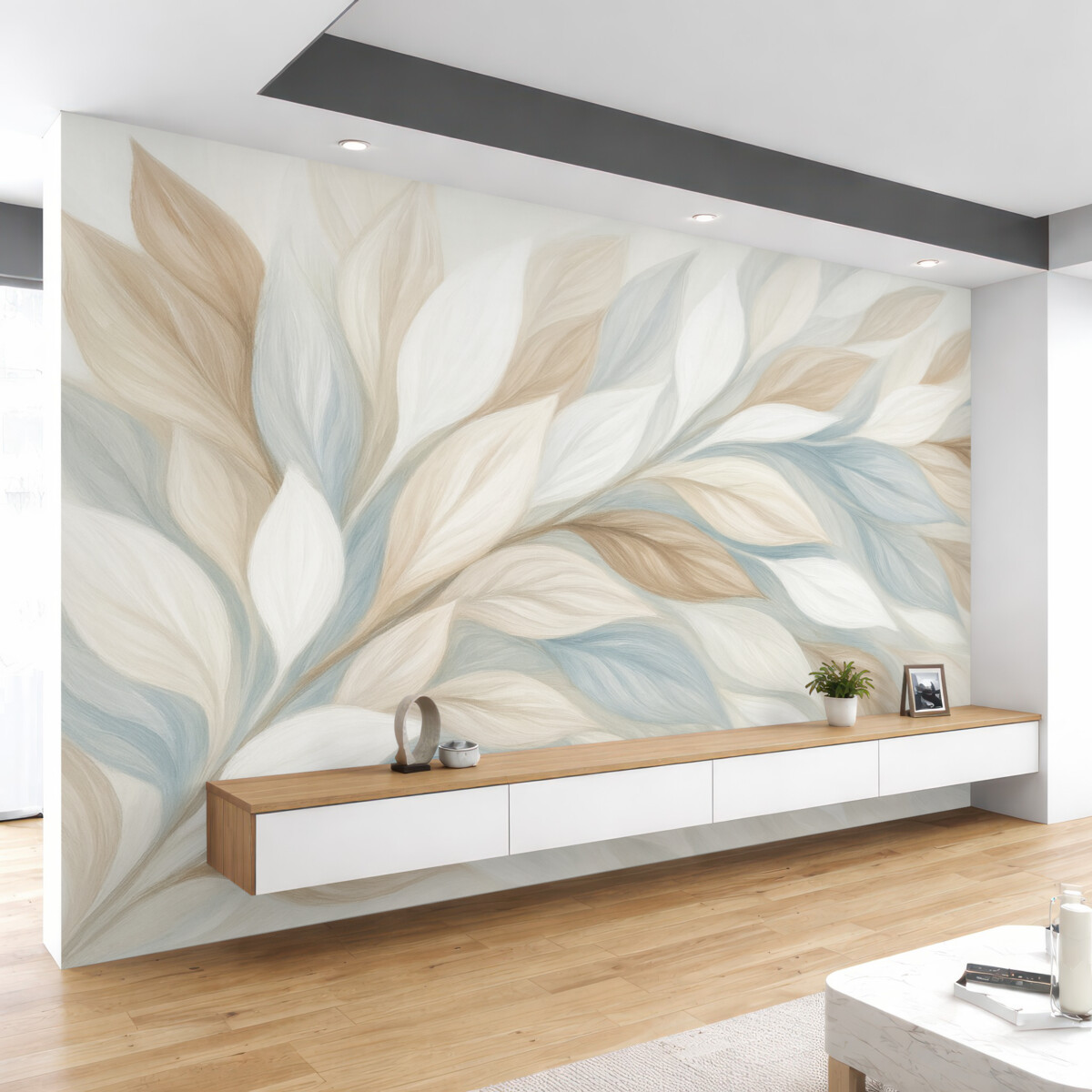 Fototapeta Miękkie, pastelowe liście w tonacjach bieli, beżu i jasnego błękitu tworzą subtelną i eteryczną kompozycję.