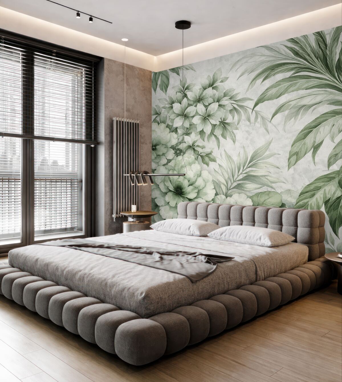 Fototapeta Tropikalne liście i roślinność w subtelnej gamie od jasnych do ciemniejszych tonów zieleni na teksturowanym jasnym tle.