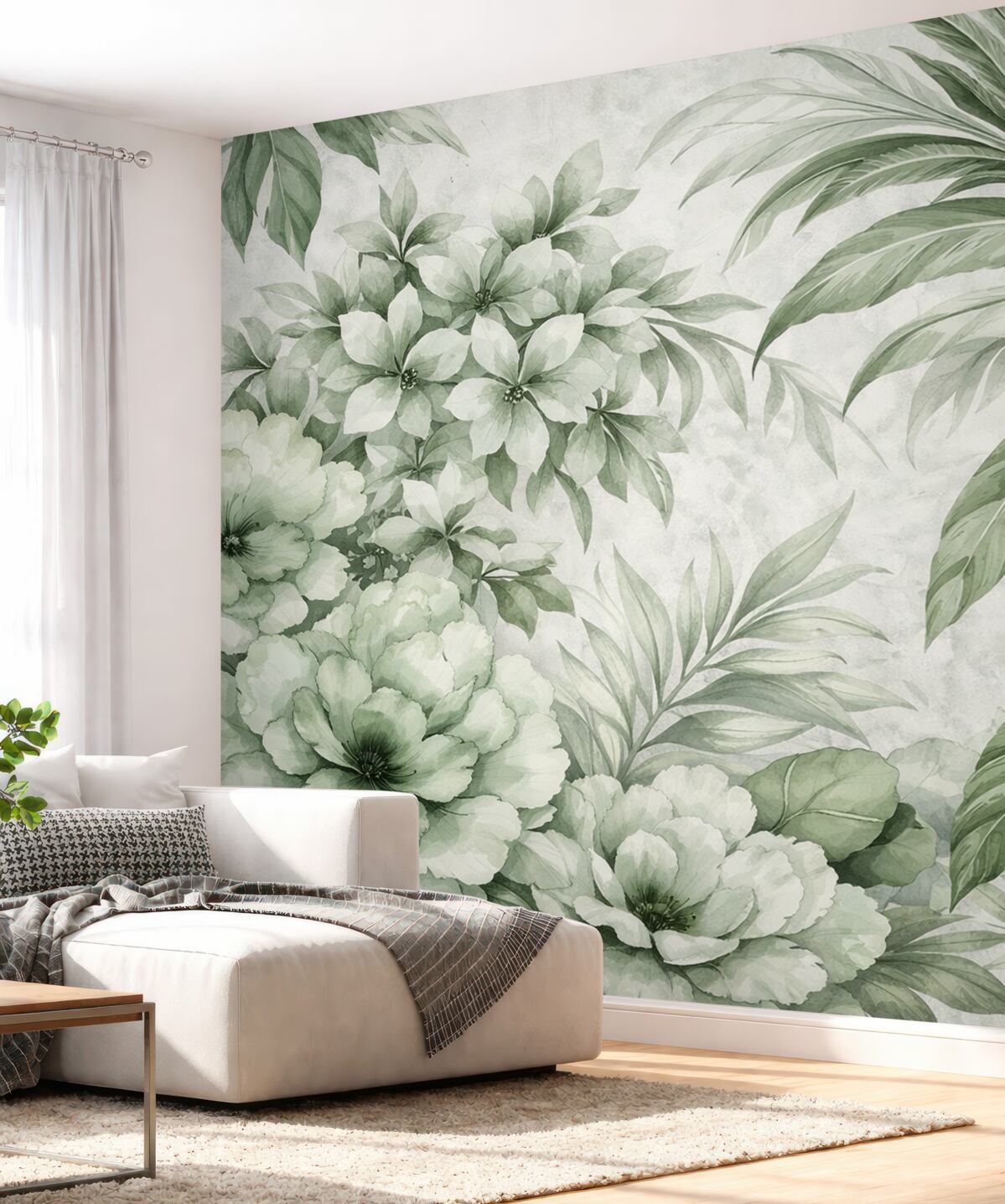 Fototapeta Tropikalne liście i roślinność w subtelnej gamie od jasnych do ciemniejszych tonów zieleni na teksturowanym jasnym tle.