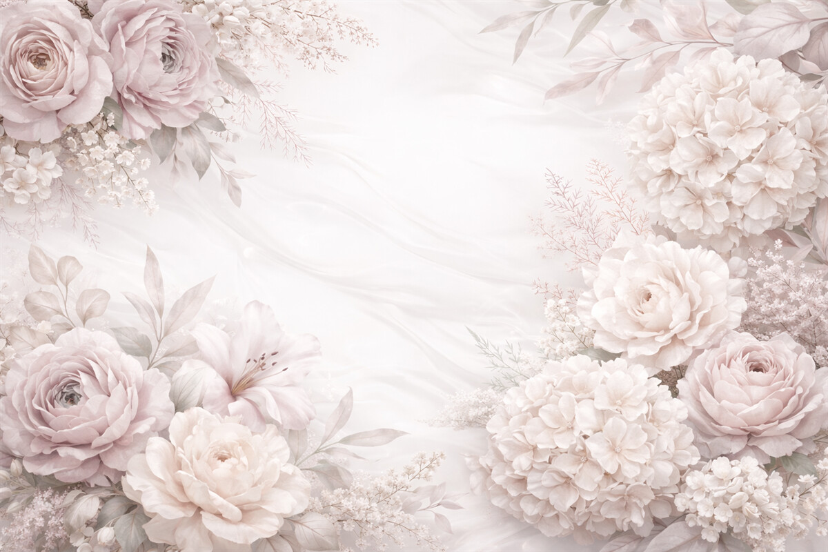 Fototapeta Łagodny, abstrakcyjny wzór kwiatowy z dużymi różowymi oraz białymi kwiatami, subtelnymi liśćmi i pastelową, stonowaną paletą barw.