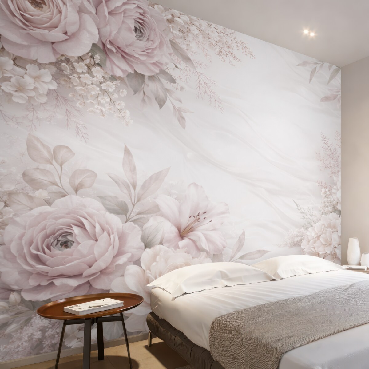 Fototapeta Łagodny, abstrakcyjny wzór kwiatowy z dużymi różowymi oraz białymi kwiatami, subtelnymi liśćmi i pastelową, stonowaną paletą barw.