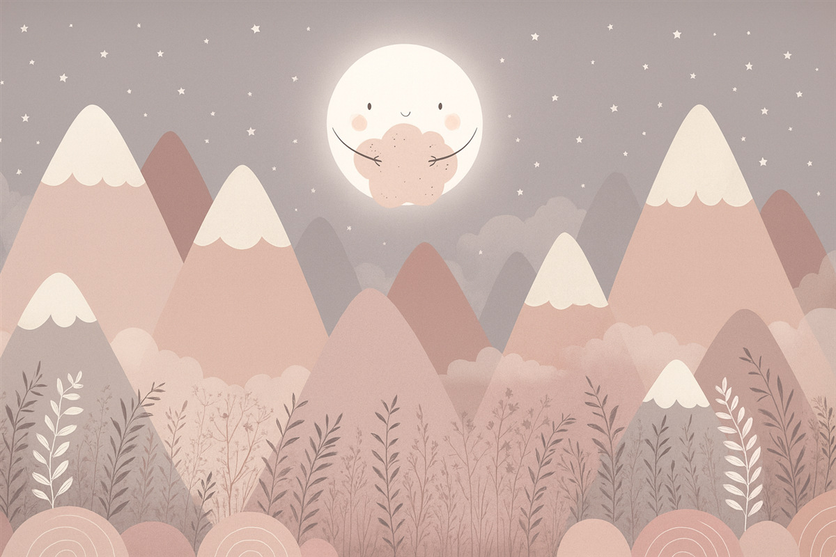 Fototapeta Góry dla maluchów z urokliwym księżycem i roślinami na dole.