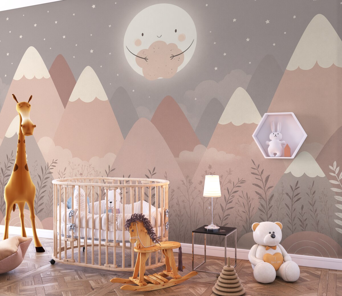 Fototapeta Góry dla maluchów z urokliwym księżycem i roślinami na dole.