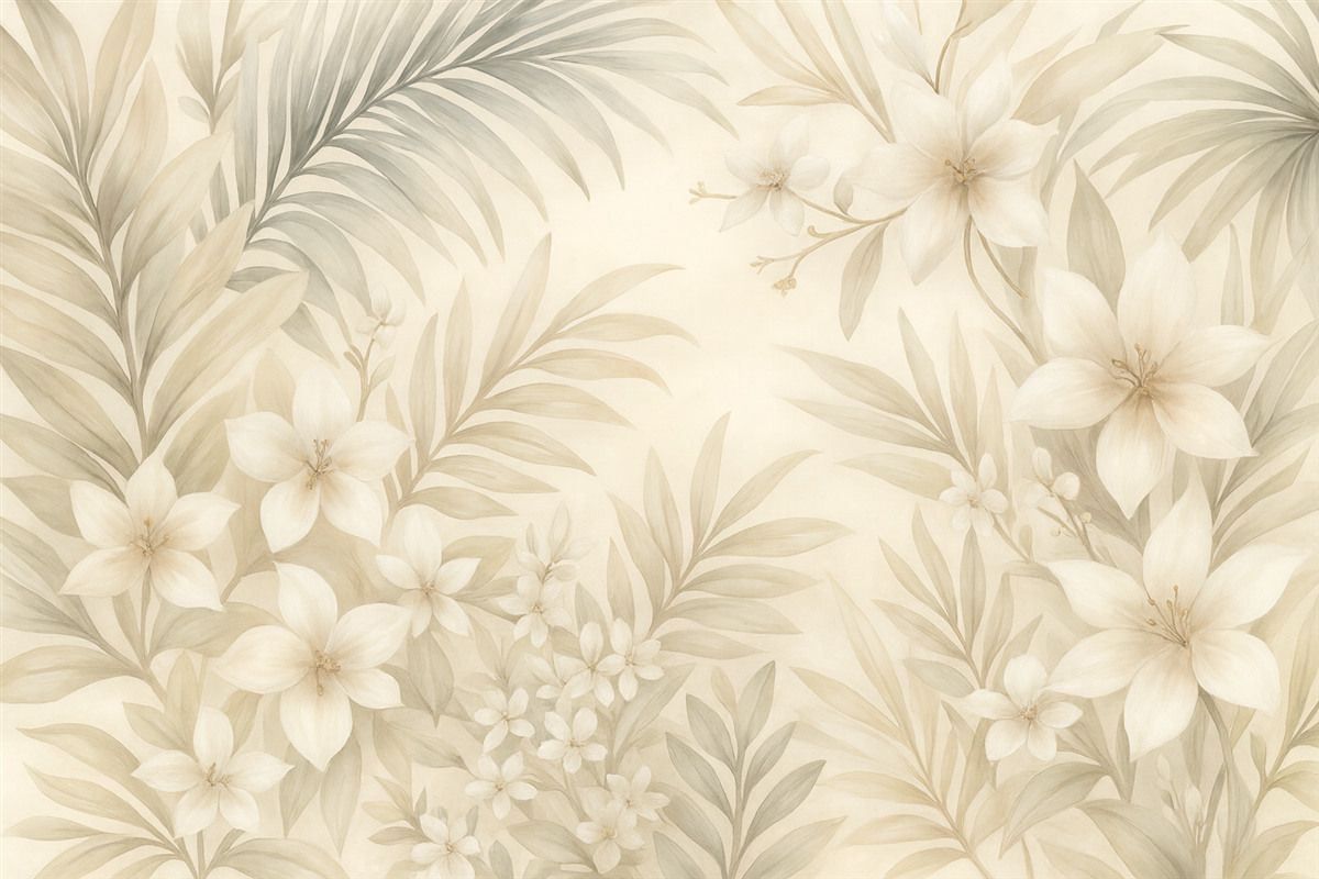 Fototapeta Tropikalne liście oraz kwiaty w delikatnych odcieniach, w tym jasne zielenie, biele i subtelne róże.