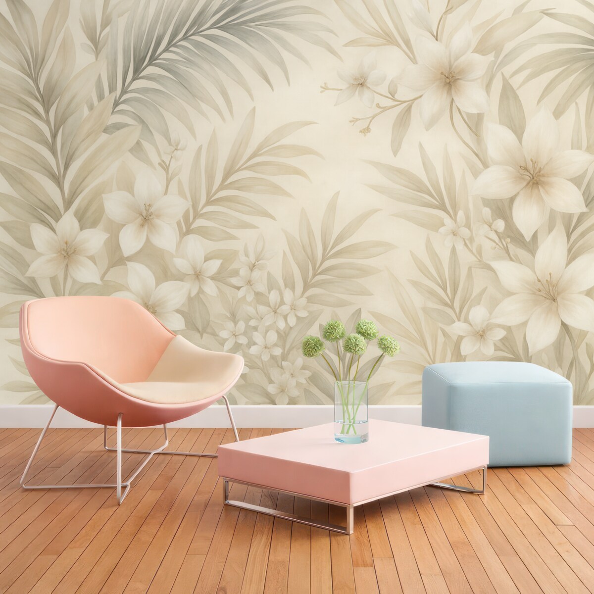 Fototapeta Tropikalne liście oraz kwiaty w delikatnych odcieniach, w tym jasne zielenie, biele i subtelne róże.