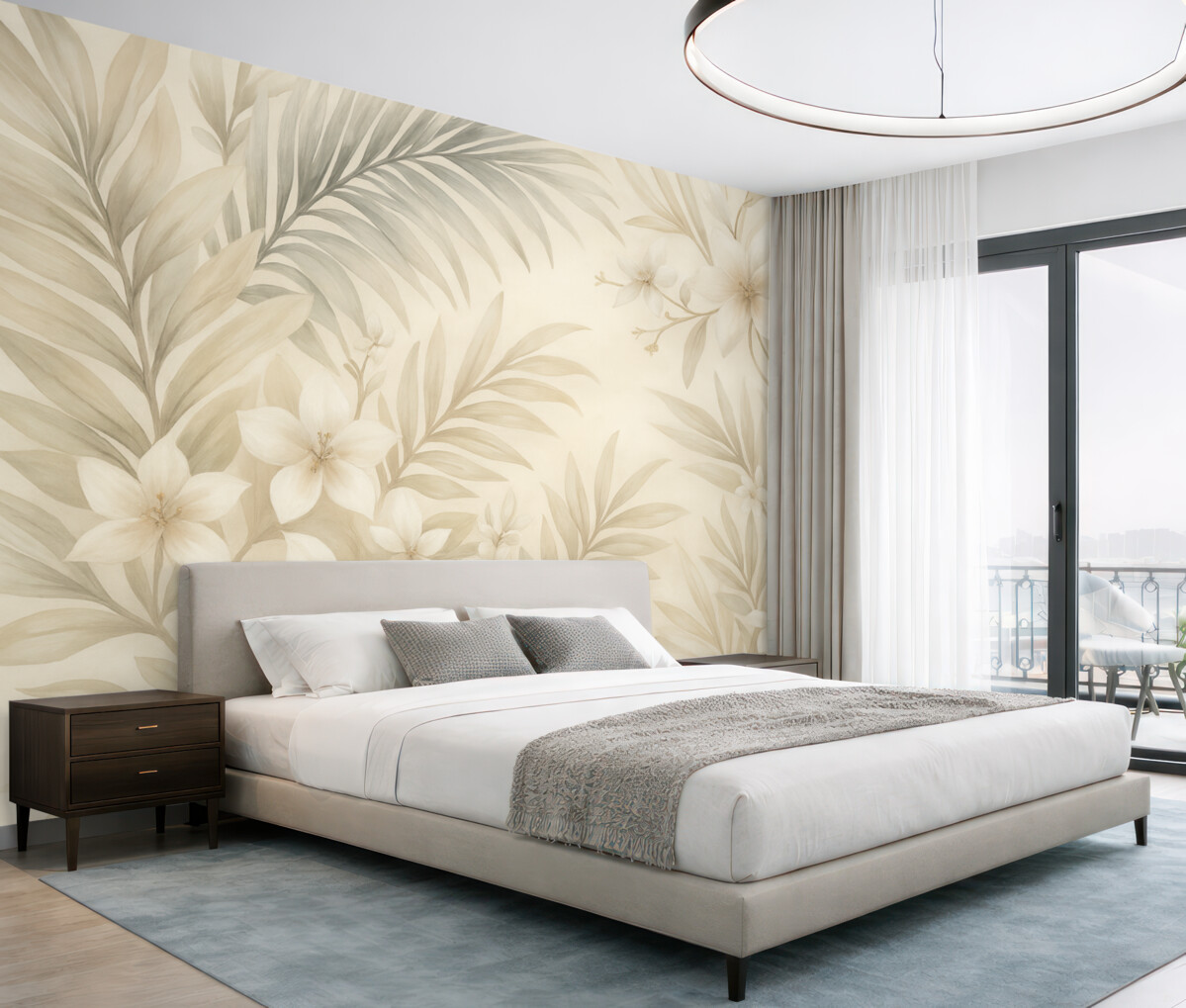 Fototapeta Tropikalne liście oraz kwiaty w delikatnych odcieniach, w tym jasne zielenie, biele i subtelne róże.