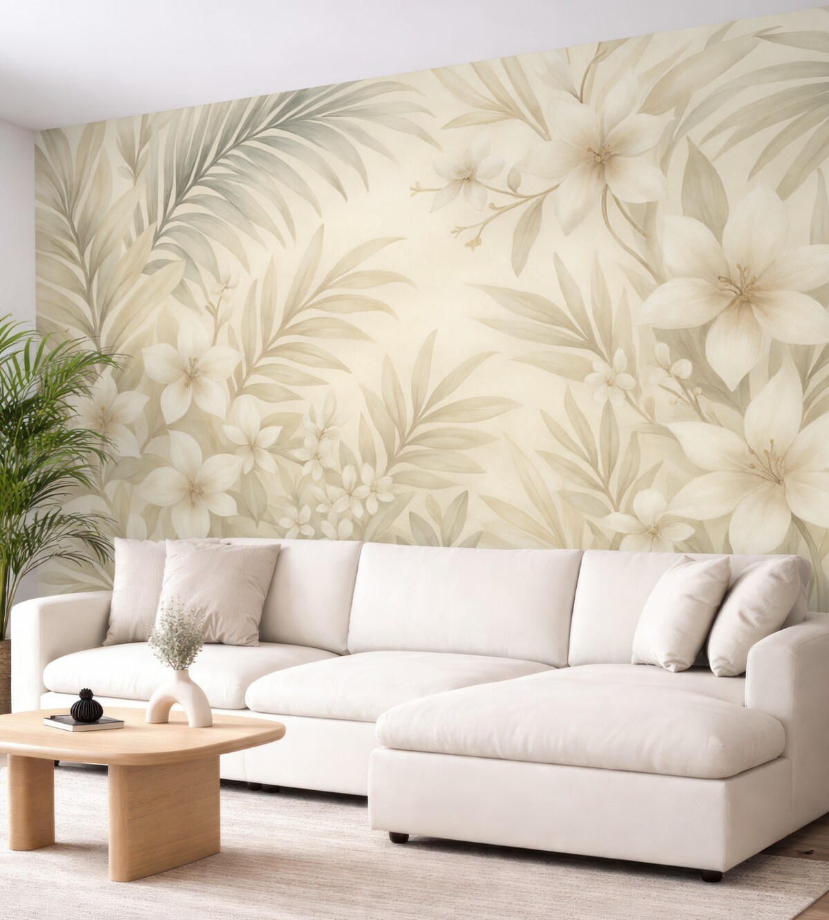 Fototapeta Tropikalne liście oraz kwiaty w delikatnych odcieniach, w tym jasne zielenie, biele i subtelne róże.