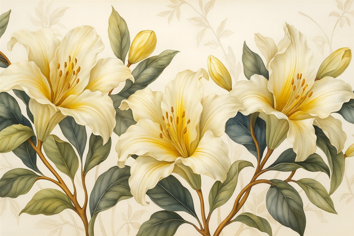 Fototapeta Obraz białych lilii z żółtymi detalami i zielono-brązowymi liśćmi na jasnym tle.