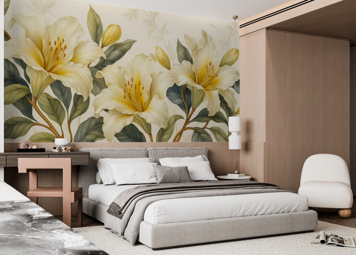 Fototapeta Obraz białych lilii z żółtymi detalami i zielono-brązowymi liśćmi na jasnym tle.