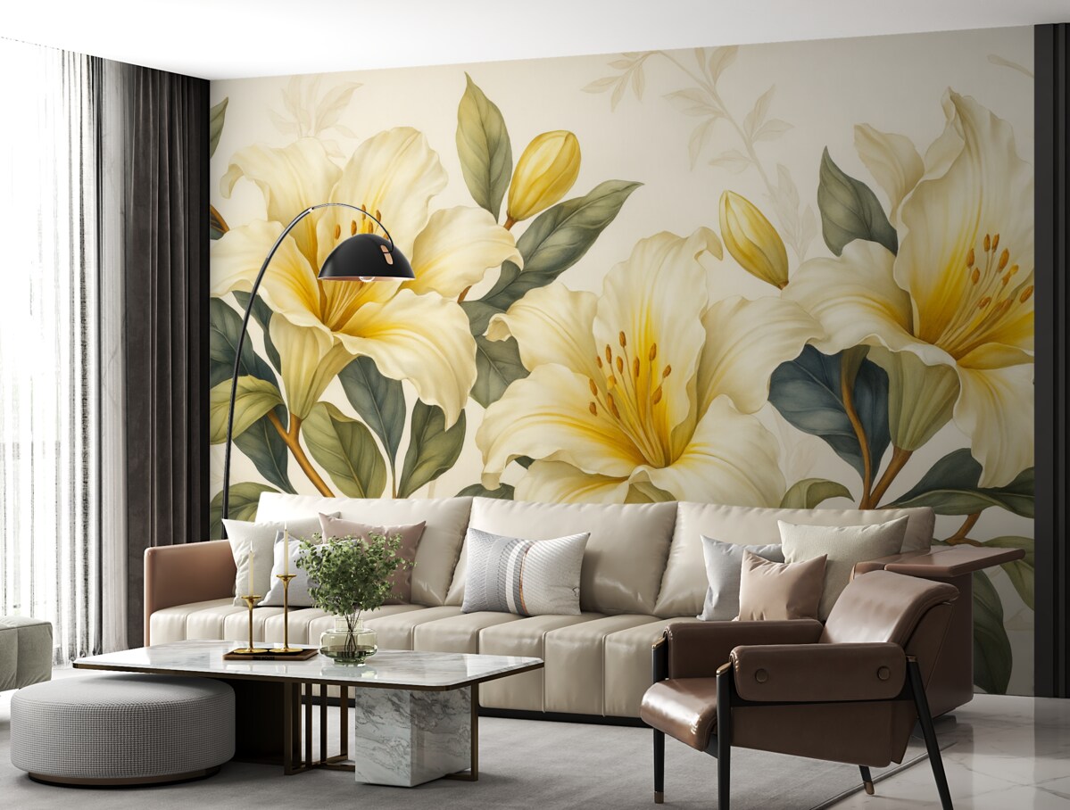 Fototapeta Obraz białych lilii z żółtymi detalami i zielono-brązowymi liśćmi na jasnym tle.