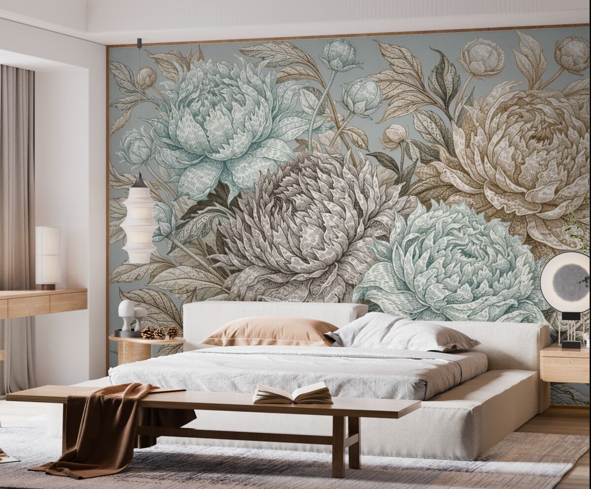 Fototapeta Szczegółowy wzór kwiatowy z dużymi piwoniami oraz liśćmi w kolorach niebieskiego, beżowego i brązowego.