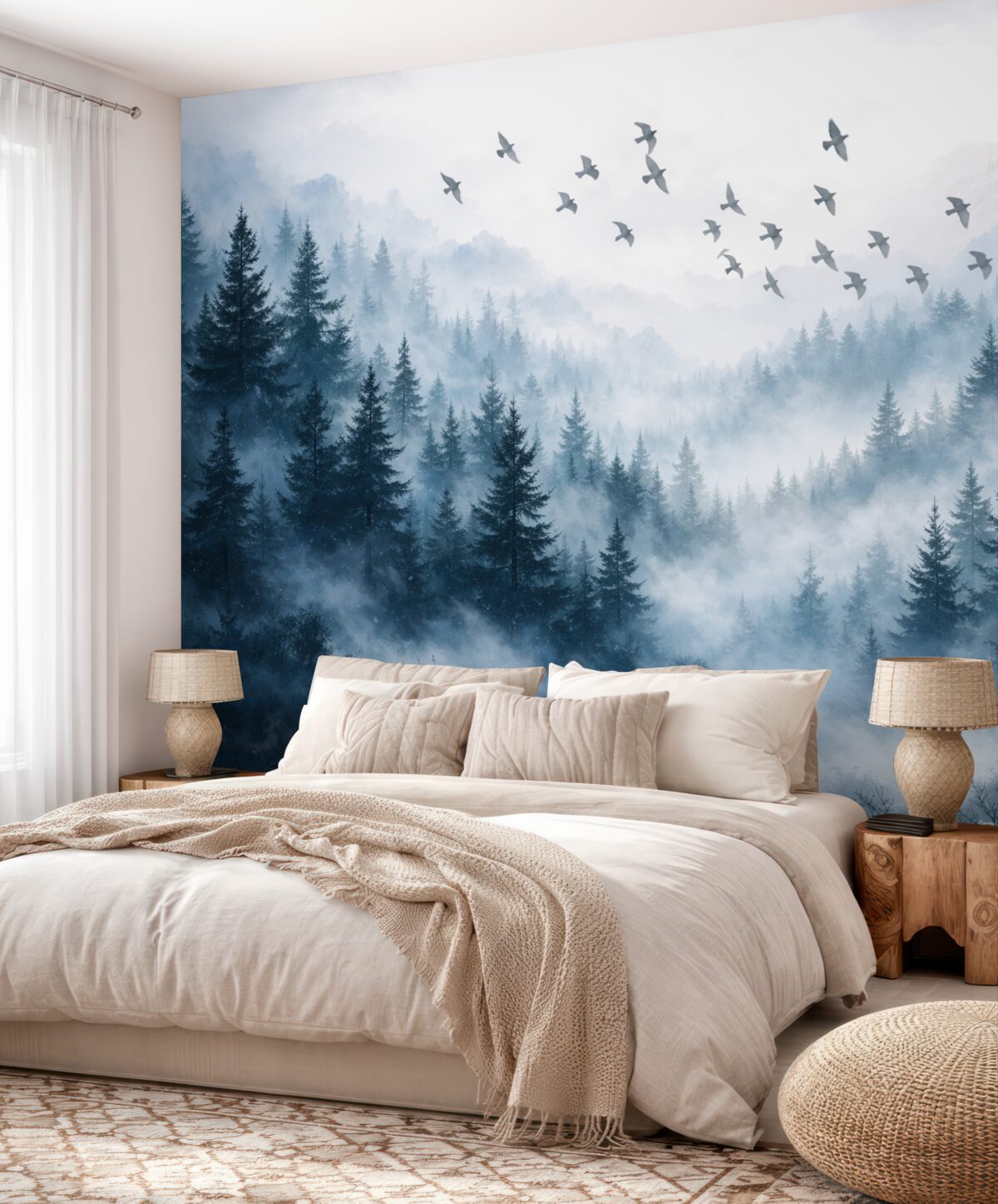 Fototapeta Cisza, mglisty las z drzewami w tonacjach niebieskiego oraz grupą ptaków przelatujących przez niebo.