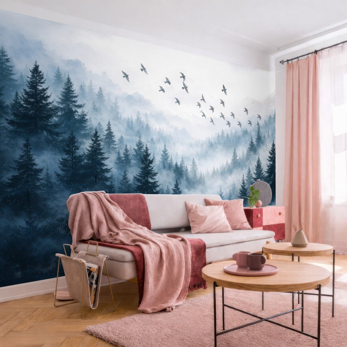Fototapeta Cisza, mglisty las z drzewami w tonacjach niebieskiego oraz grupą ptaków przelatujących przez niebo.