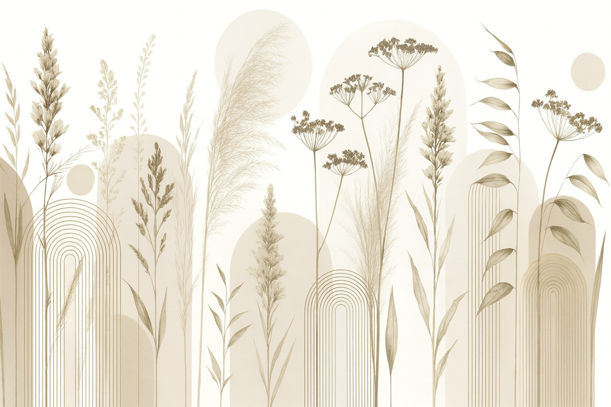 Fototapeta Zbiór roślin oraz kwiatów w stonowanych barwach na abstrakcyjnym tle łuku w subtelnych tonacjach beżowych i brązowych.