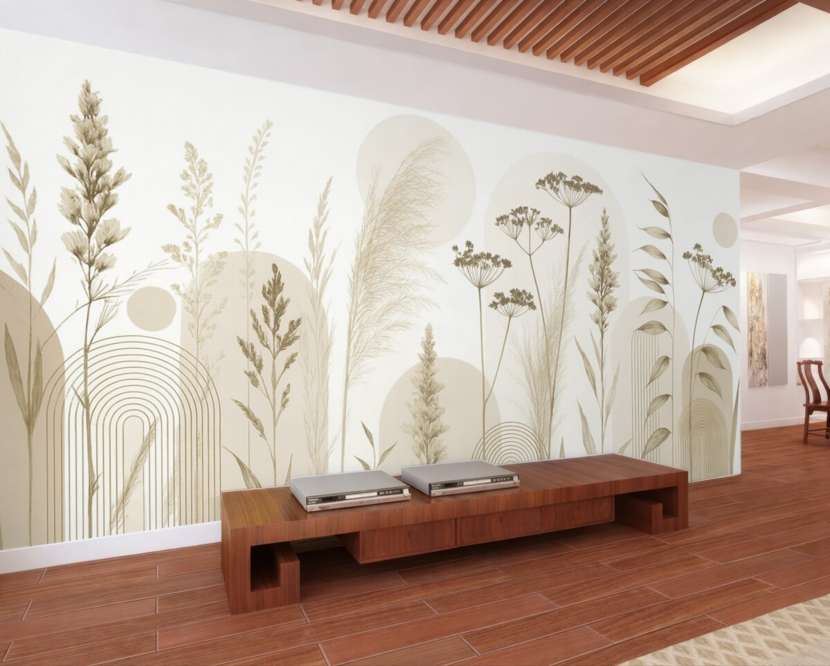 Fototapeta Zbiór roślin oraz kwiatów w stonowanych barwach na abstrakcyjnym tle łuku w subtelnych tonacjach beżowych i brązowych.