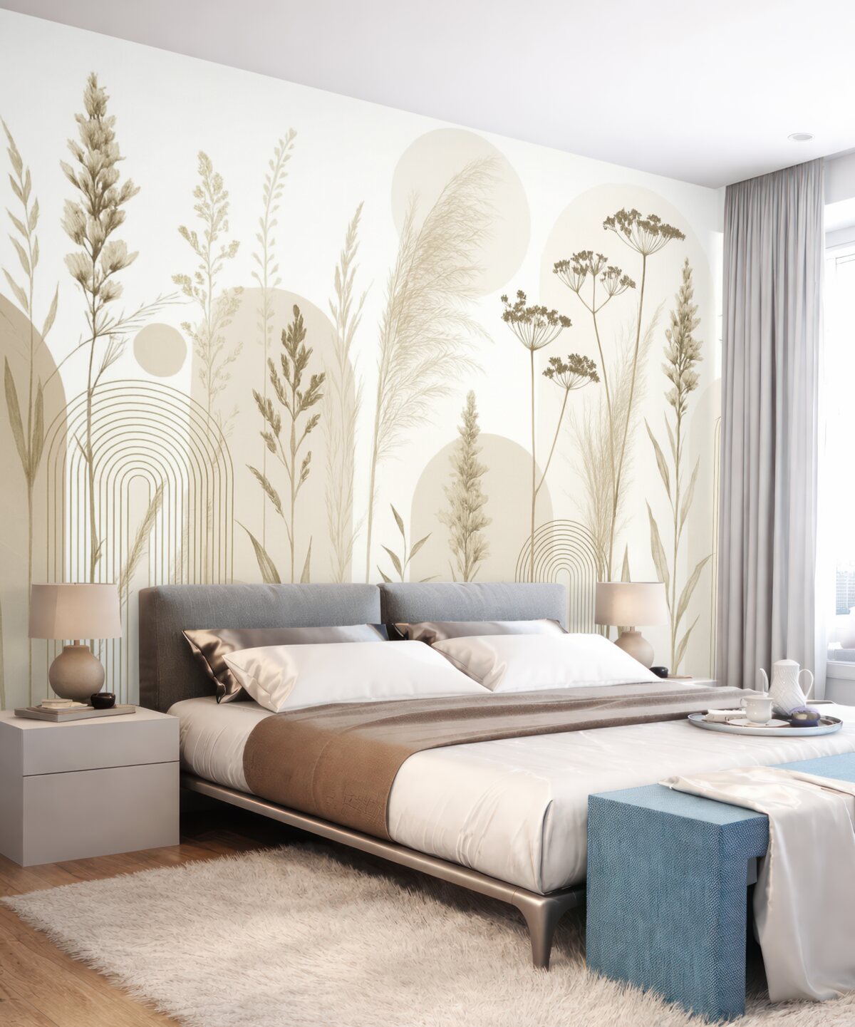 Fototapeta Zbiór roślin oraz kwiatów w stonowanych barwach na abstrakcyjnym tle łuku w subtelnych tonacjach beżowych i brązowych.