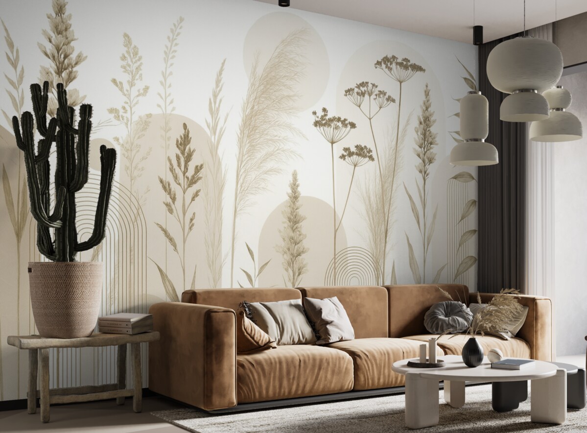 Fototapeta Zbiór roślin oraz kwiatów w stonowanych barwach na abstrakcyjnym tle łuku w subtelnych tonacjach beżowych i brązowych.