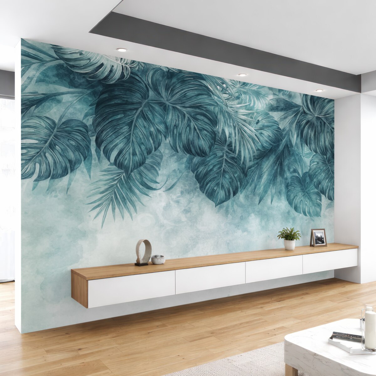 Fototapeta Tropikalne liście w barwach turkusu i zieleni, kaskadowo opadające z wysokości, na jasnym, fakturowanym tle.