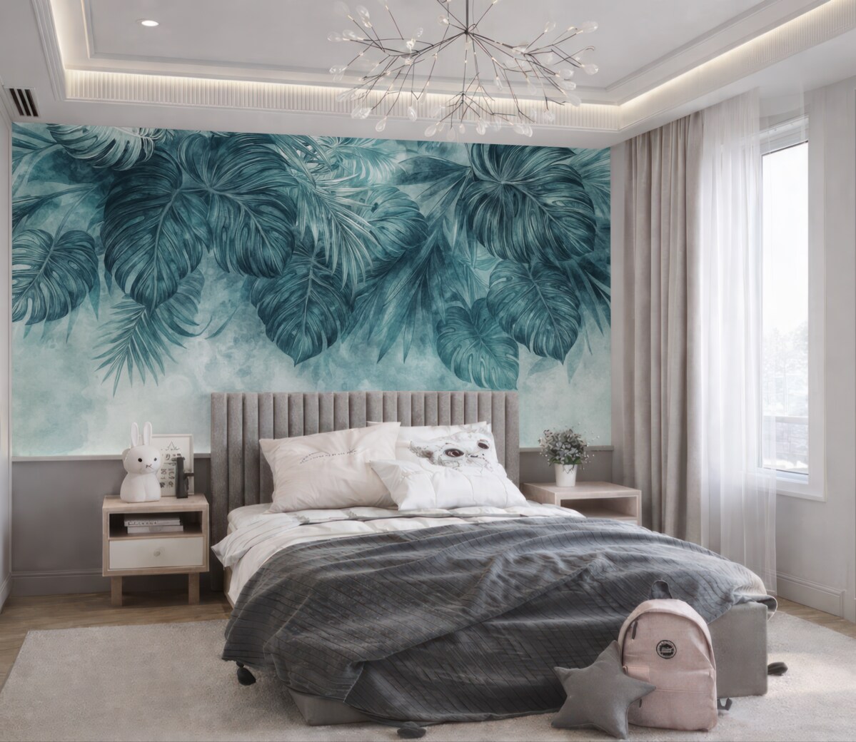 Fototapeta Tropikalne liście w barwach turkusu i zieleni, kaskadowo opadające z wysokości, na jasnym, fakturowanym tle.