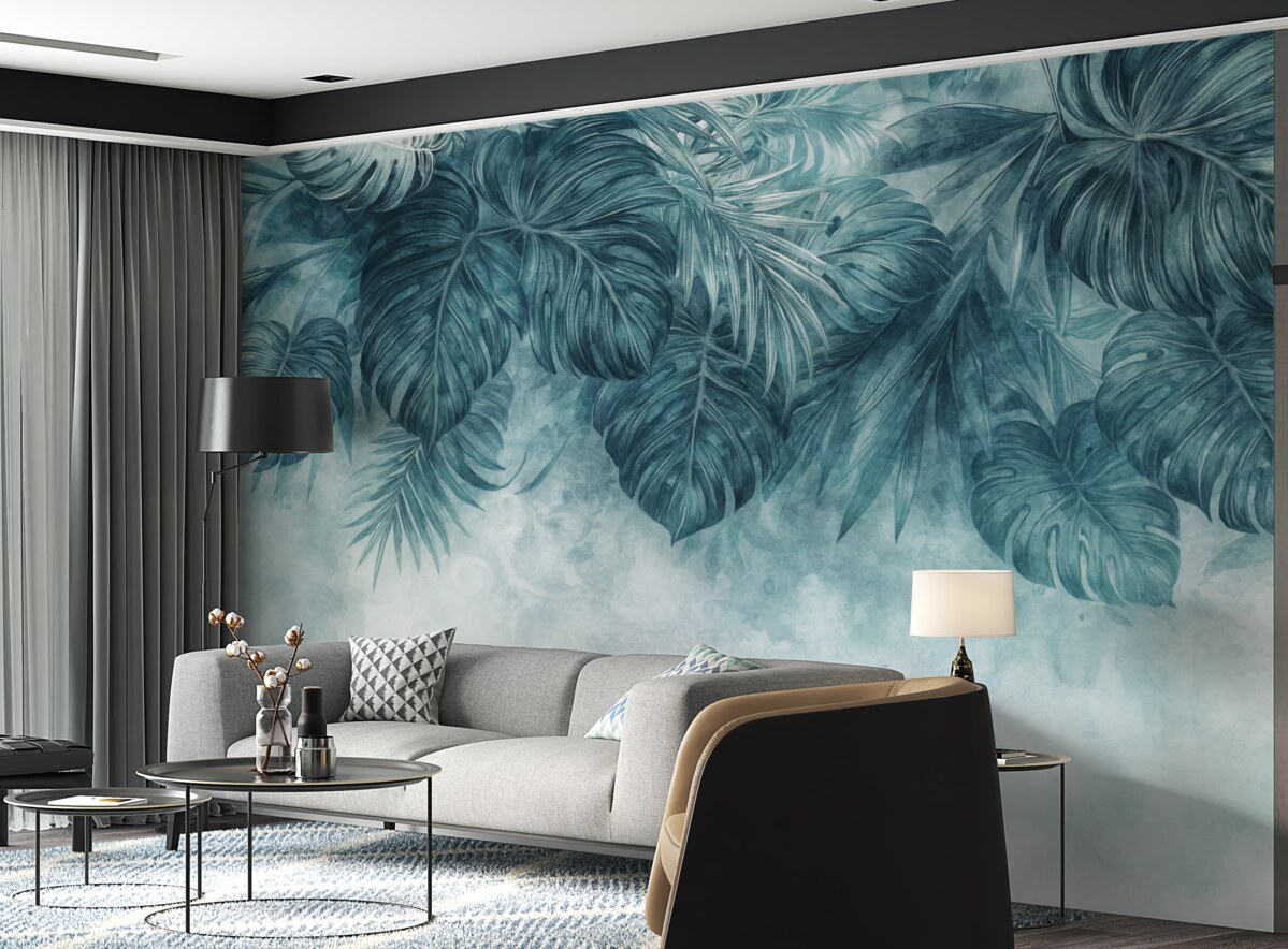 Fototapeta Tropikalne liście w barwach turkusu i zieleni, kaskadowo opadające z wysokości, na jasnym, fakturowanym tle.