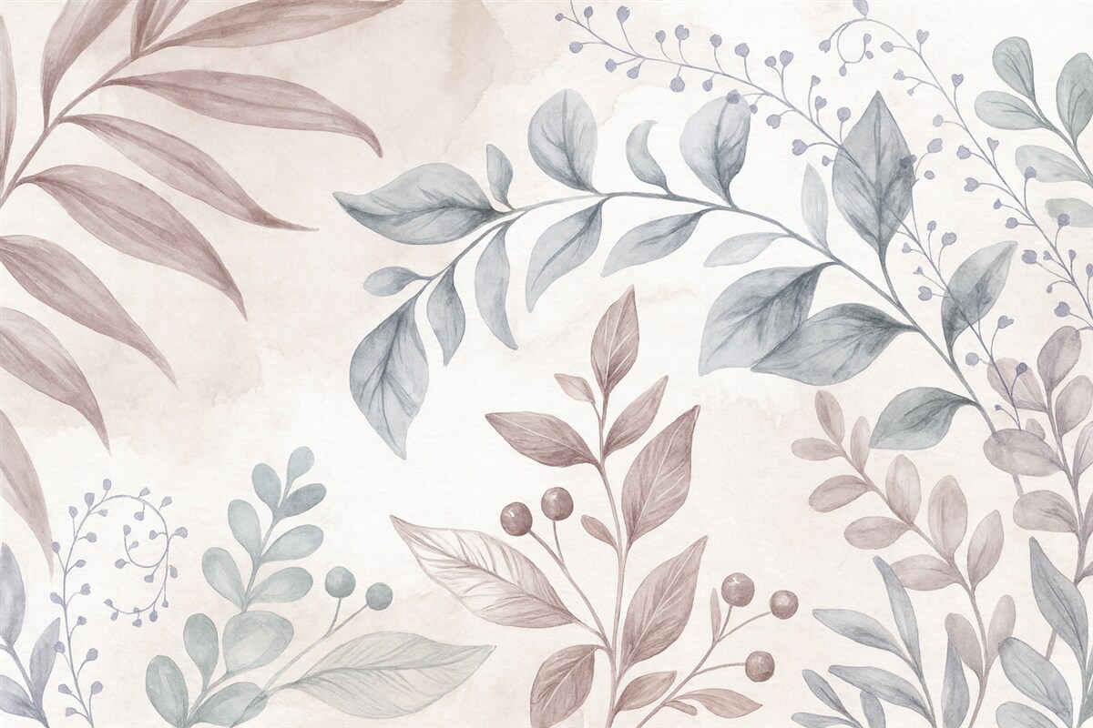 Fototapeta Roślinny wzór z liśćmi oraz kwiatowymi pędami w subtelnych pastelowych odcieniach, na akwarelowym tle.