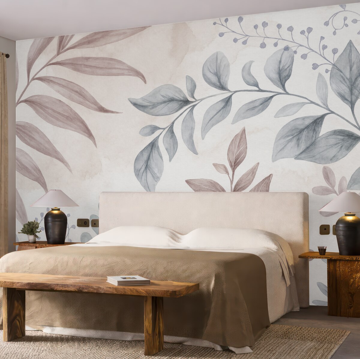 Fototapeta Roślinny wzór z liśćmi oraz kwiatowymi pędami w subtelnych pastelowych odcieniach, na akwarelowym tle.