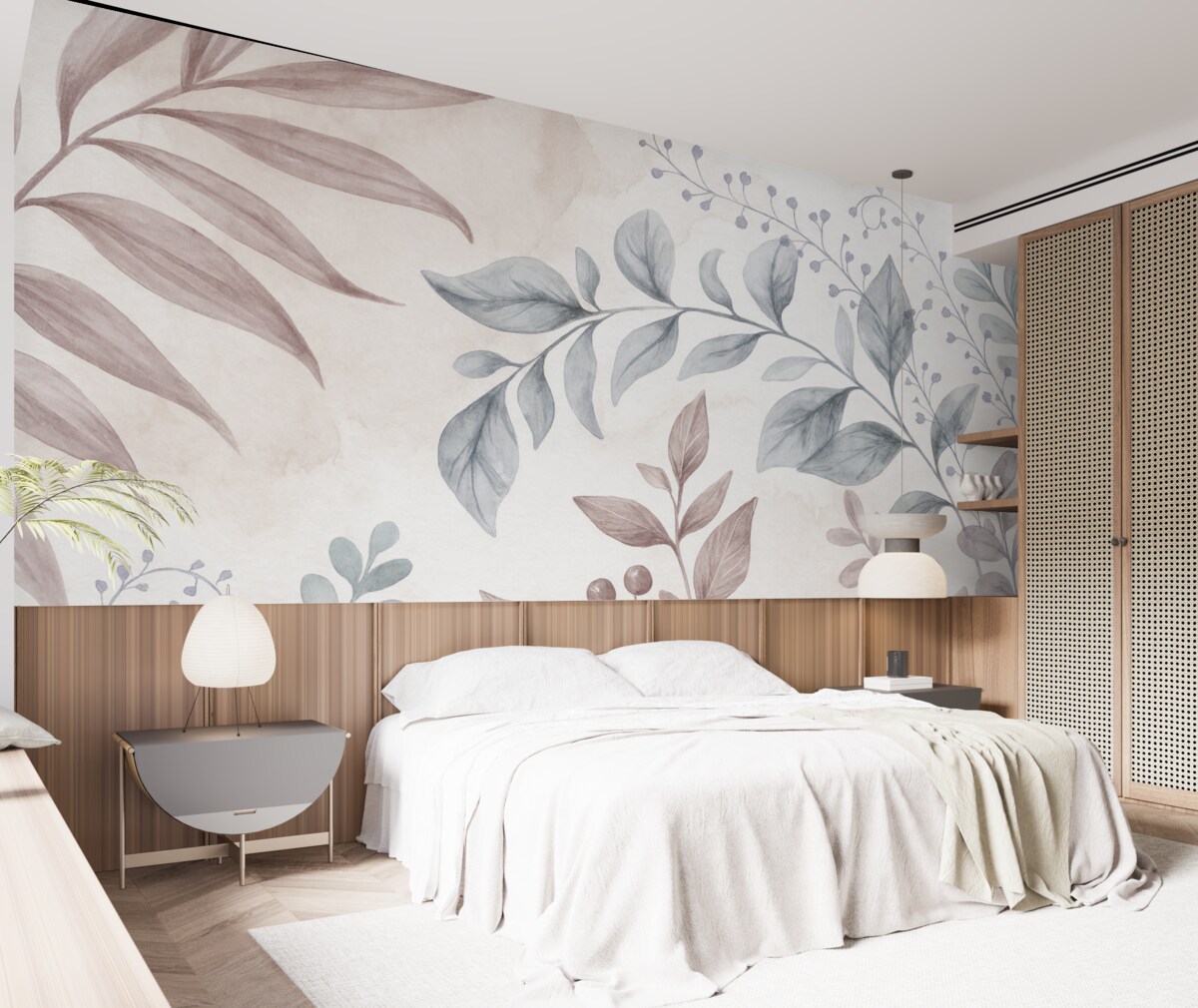 Fototapeta Roślinny wzór z liśćmi oraz kwiatowymi pędami w subtelnych pastelowych odcieniach, na akwarelowym tle.