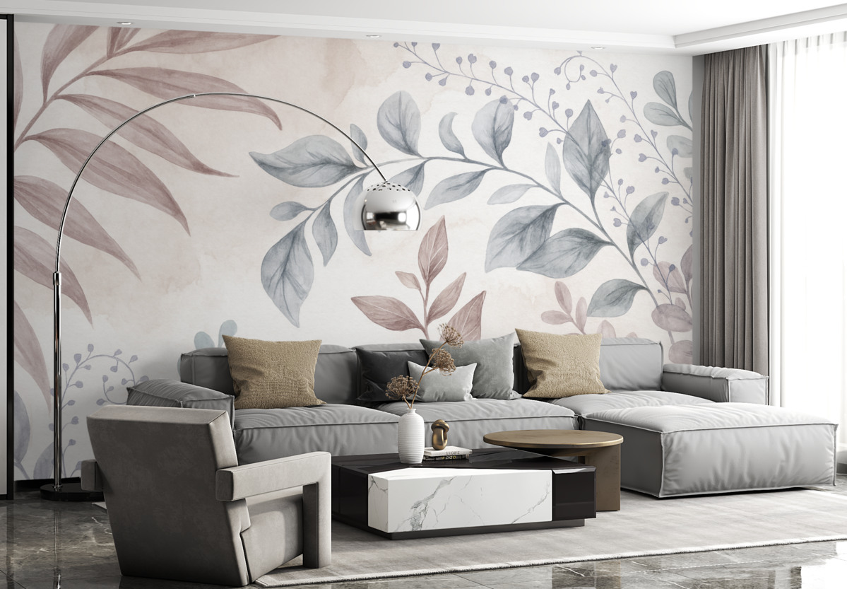 Fototapeta Roślinny wzór z liśćmi oraz kwiatowymi pędami w subtelnych pastelowych odcieniach, na akwarelowym tle.