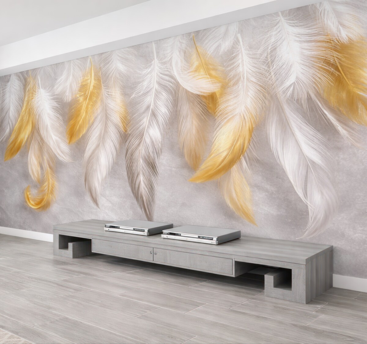 Fototapeta Białe i żółte pióra zwisające na miękkim szarym tle, tworząc subtelną i lekką kompozycję.