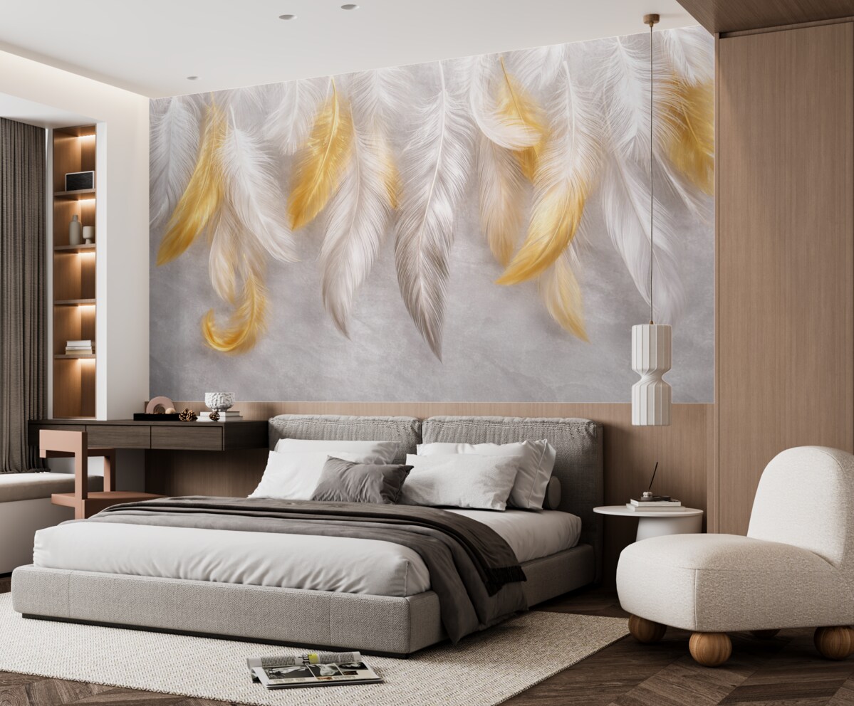 Fototapeta Białe i żółte pióra zwisające na miękkim szarym tle, tworząc subtelną i lekką kompozycję.