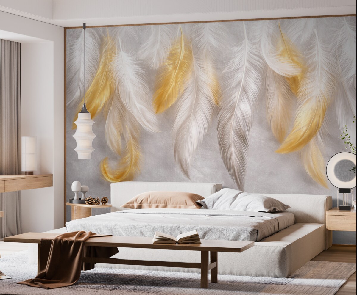 Fototapeta Białe i żółte pióra zwisające na miękkim szarym tle, tworząc subtelną i lekką kompozycję.