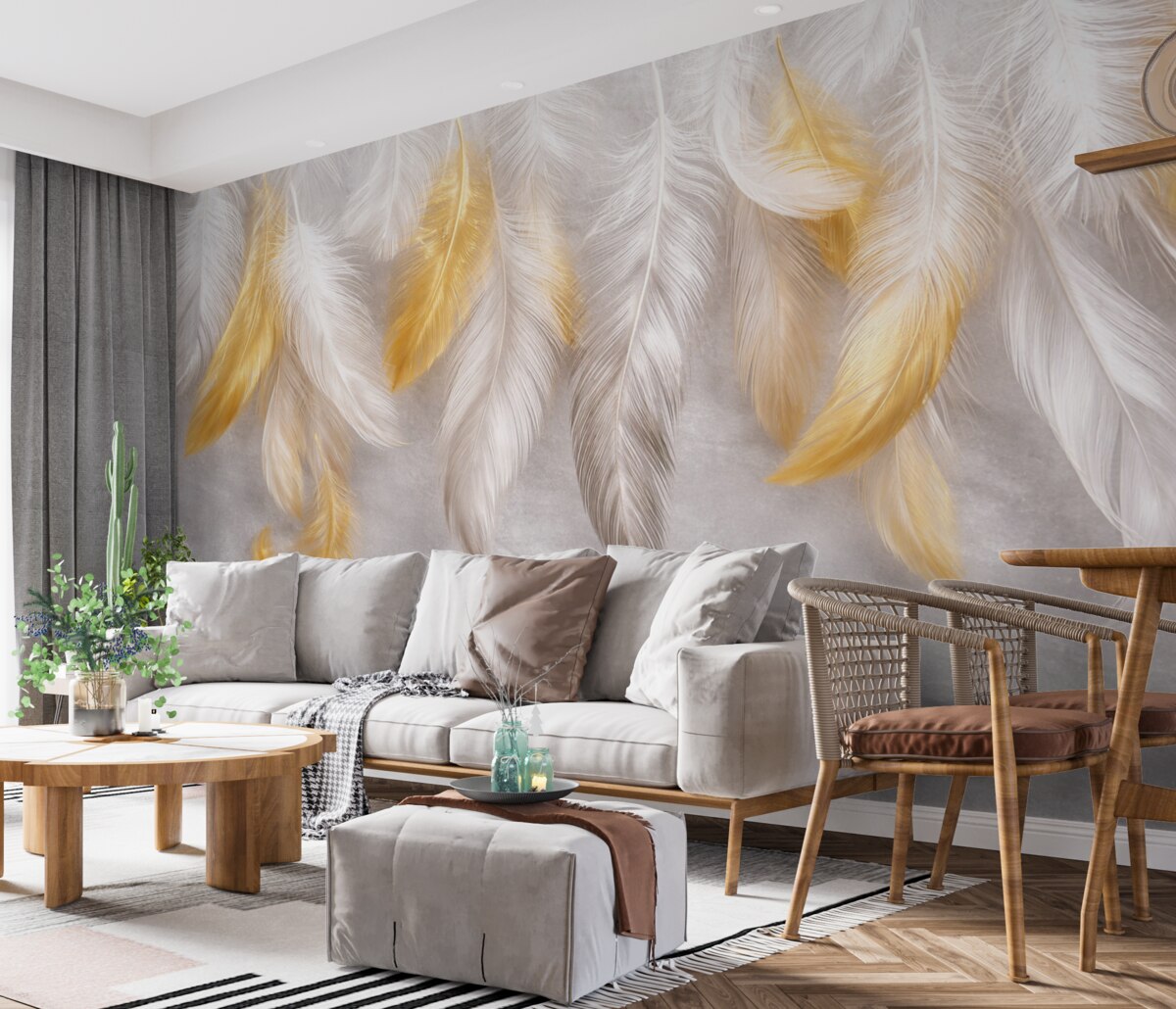 Fototapeta Białe i żółte pióra zwisające na miękkim szarym tle, tworząc subtelną i lekką kompozycję.