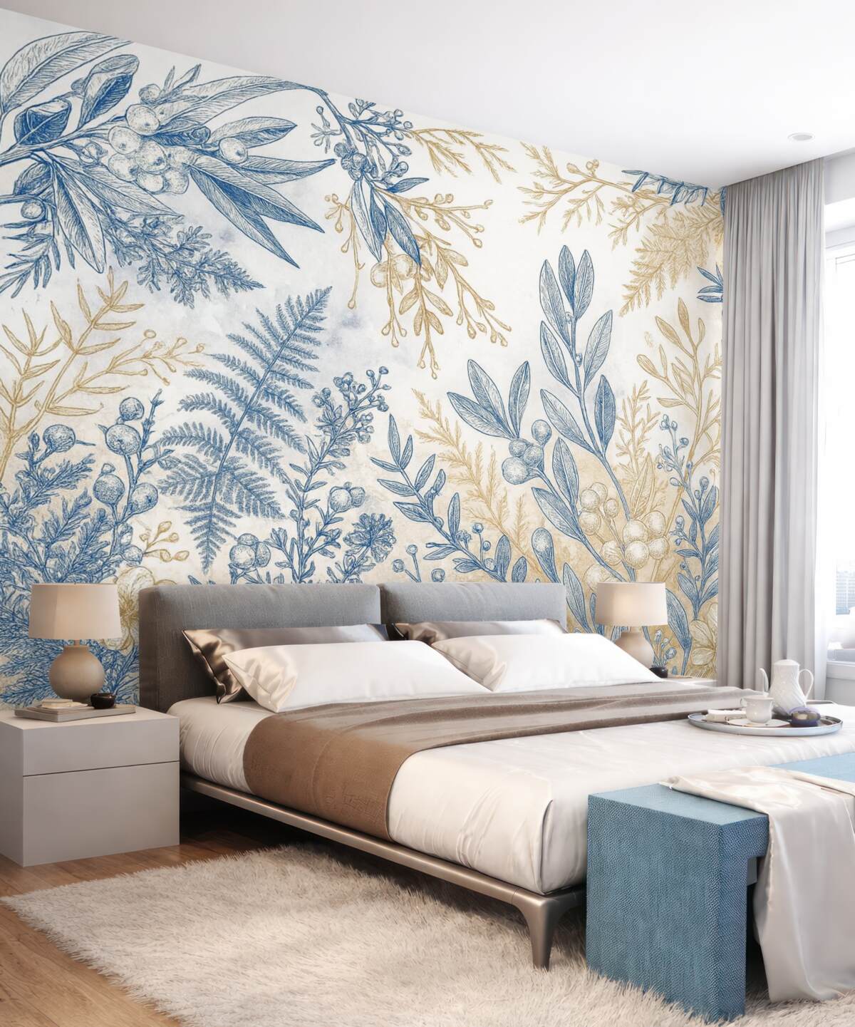 Fototapeta Kwiatowy wzór z niebieskimi i żółtymi motywami roślinnymi na jasnym, delikatnym tle z akwarelowymi efektami.